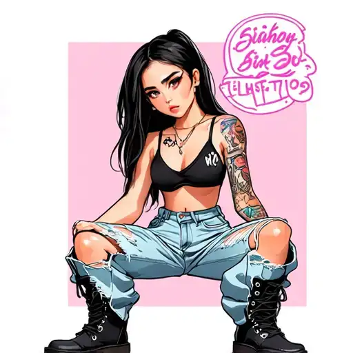 caricature girl wearing light denim baggy ripped pants with combat boots tattoo design idea