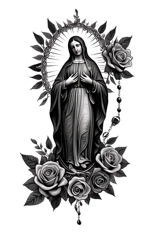 virgin of guadalupe with rosary and roses tattoo design idea