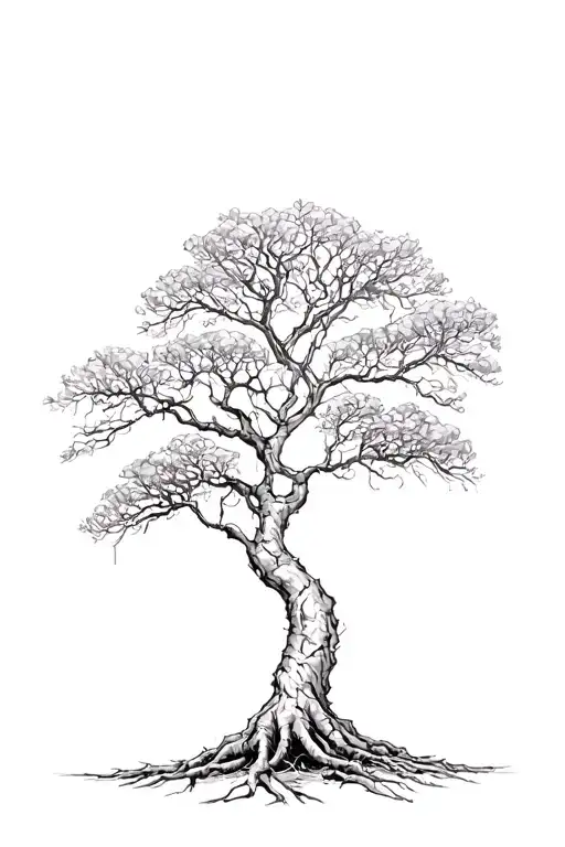 acacia tree with roots that transition downward into cracks  tattoo design idea