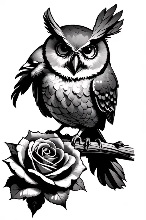 Rose, a happy owl and a happy cardinal perched tattoo design idea