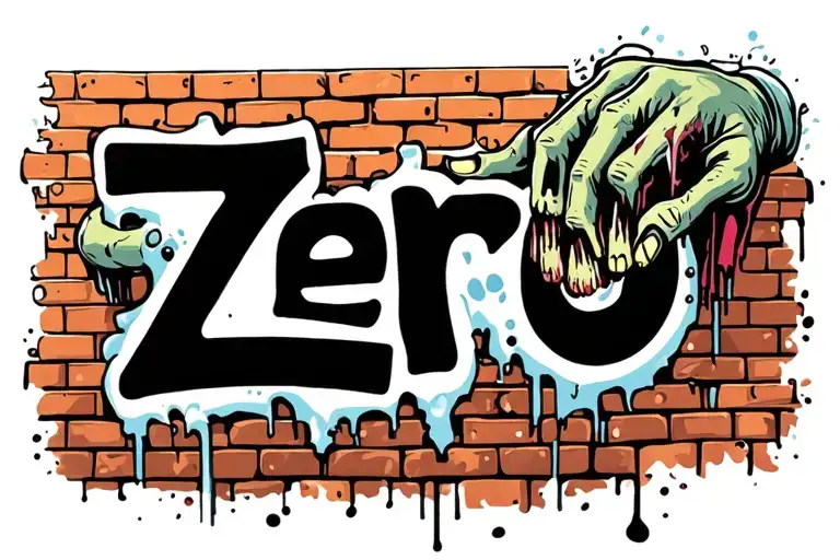 brick wall with graffiti on it, the graffiti is the word zero. with a zombie hands crushing the wall from above tattoo design idea
