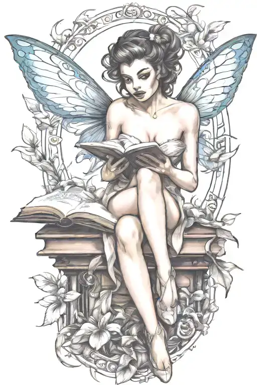 pinup fairy emerging from book  tattoo design idea
