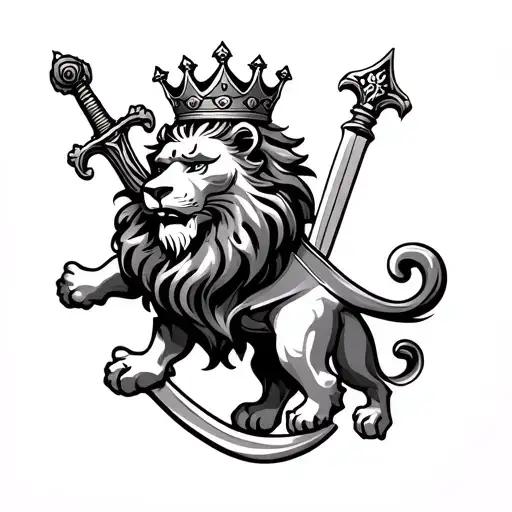 heraldic lion with crown and irish sword surrounded tattoo design idea
