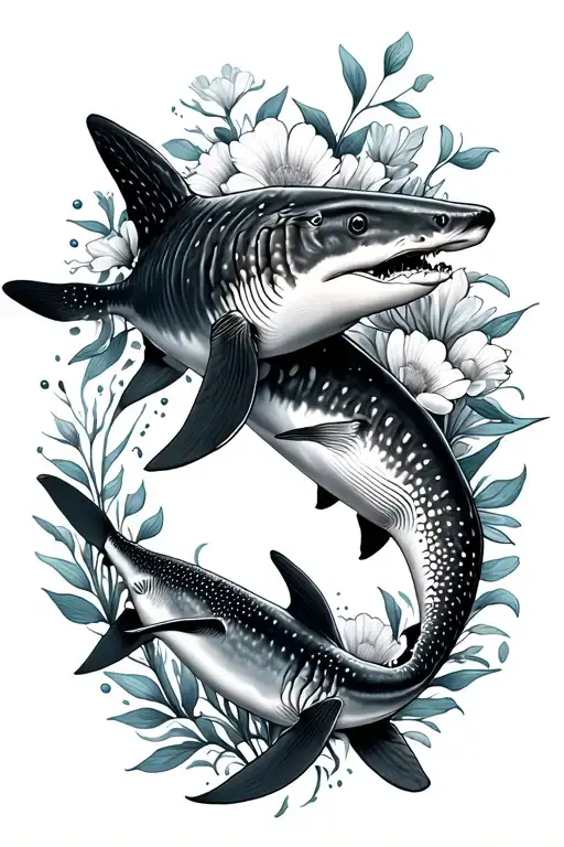 large whale shark and a smaller whale shark swimming beside eachother through flowers tattoo design idea
