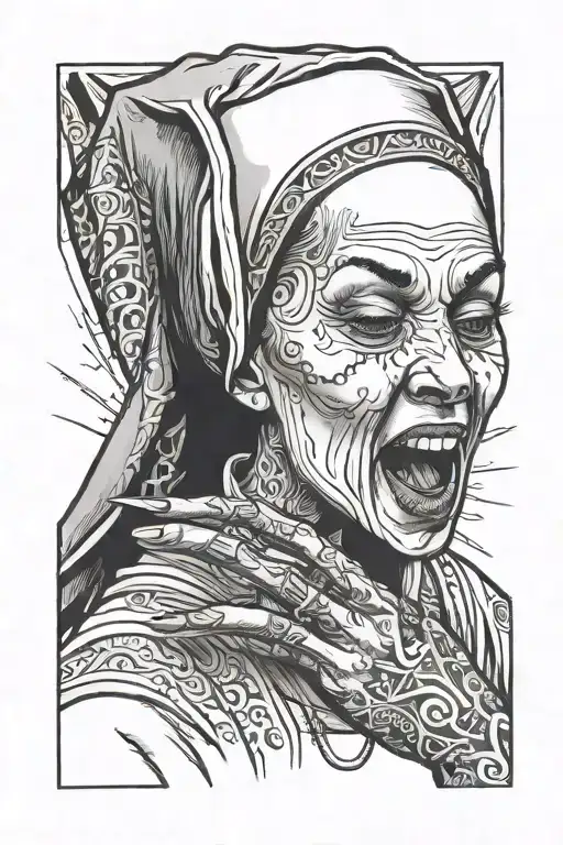 nun with her tongue Out and her middlefingers crossed and Tattoos in her hands tattoo design idea