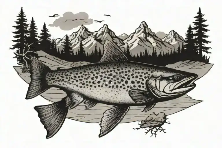 a mountain landscape inside the outline of a brown trout tattoo design idea