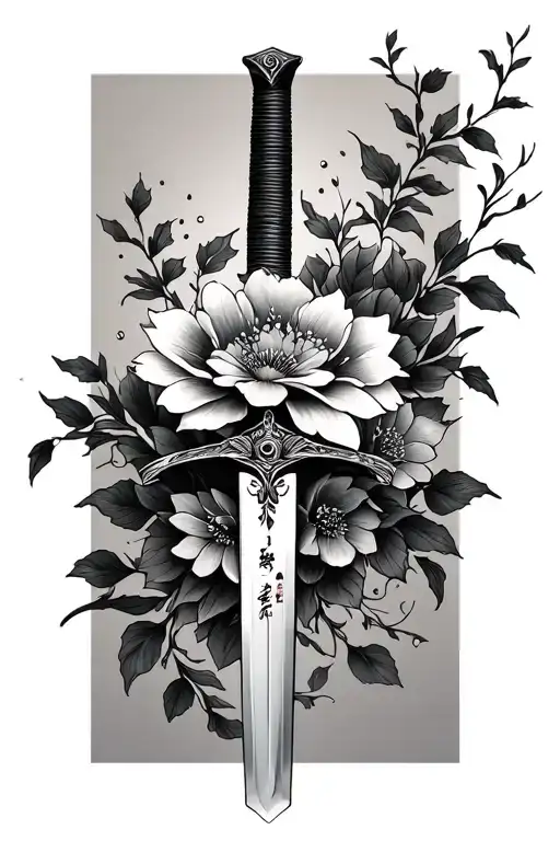 floral katana sword tattoo design idea