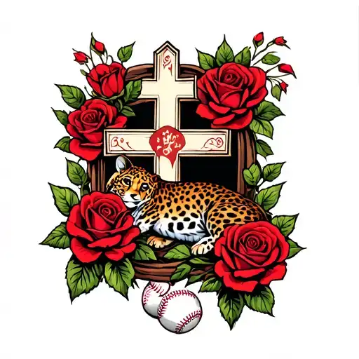 A rose garden invloving a cross in the center with a Lepard laying in the roses as well as some baseballs  tattoo design idea