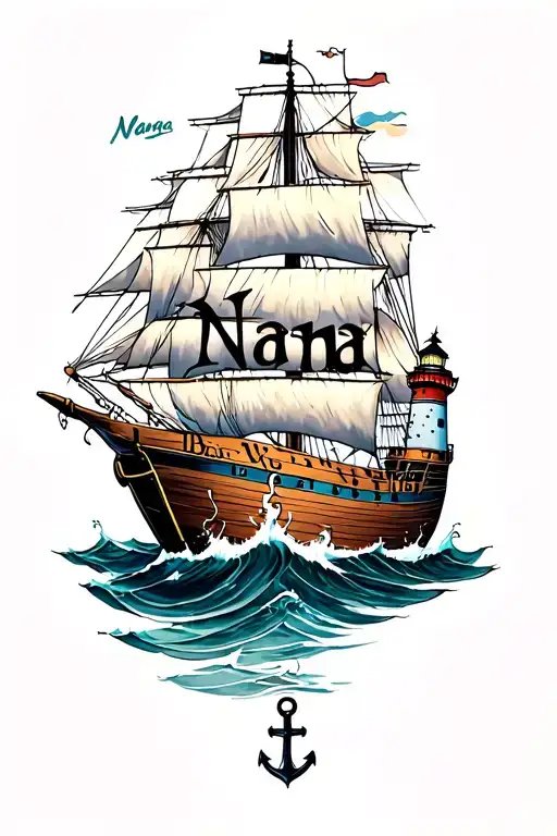 ship with an anchor hooked on to the word "Nana" with a lighthouse on forearm tattoo design idea