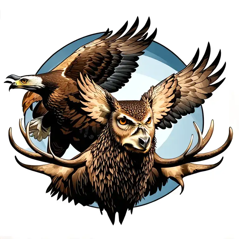 Tattoo on the back. From above, flying eagle owl with open wings. Below the elk with huge horns. On the head of the moose finds tattoo design idea