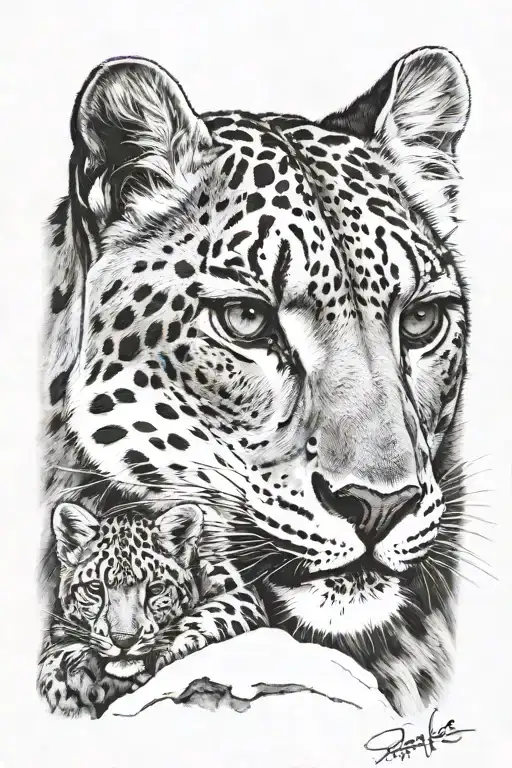 snow leopard protecting his family tattoo design idea