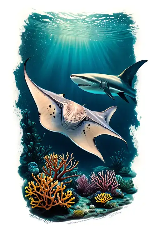  a realism tattoo featuring a stingray in coral and a hammerhead shark in the distance tattoo design idea