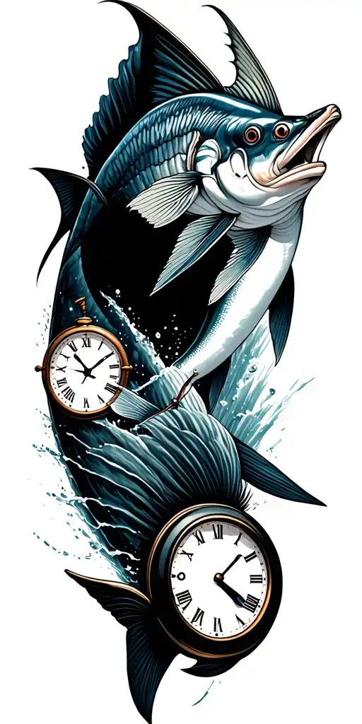 2 clocks with a sailfish jumping tattoo design idea