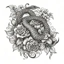 Two snakes representing the Gemini twins surrounded by a bouquet of wild flowers tattoo design idea