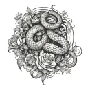 Two snakes representing the Gemini twins surrounded by a bouquet of wild flowers tattoo design idea