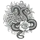 Two snakes representing the Gemini twins surrounded by a bouquet of wild flowers tattoo design idea