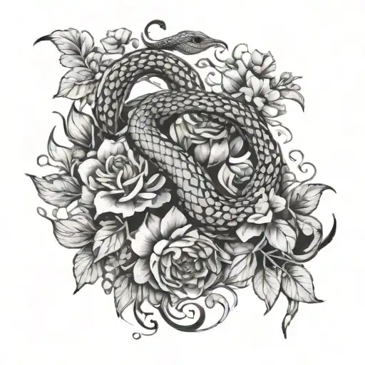 Two snakes representing the Gemini twins surrounded by a bouquet of wild flowers tattoo design idea