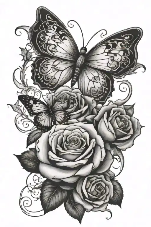 roses and butterfly with virgo symbol incorporated tattoo design idea