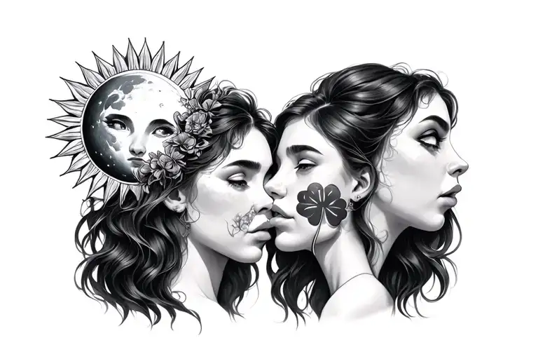 4 girl head with emotions representing mental with her hand she gives sun moon shamrock  tattoo design idea
