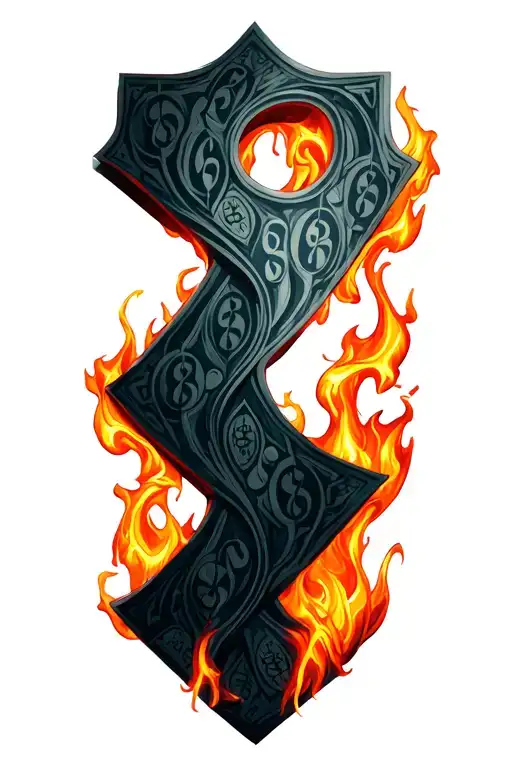 A tall, vertical “Z” shaped like a bar or blade	•	Flames rising up one side	•	Money textures (stacks or dollar signs)  tattoo design idea