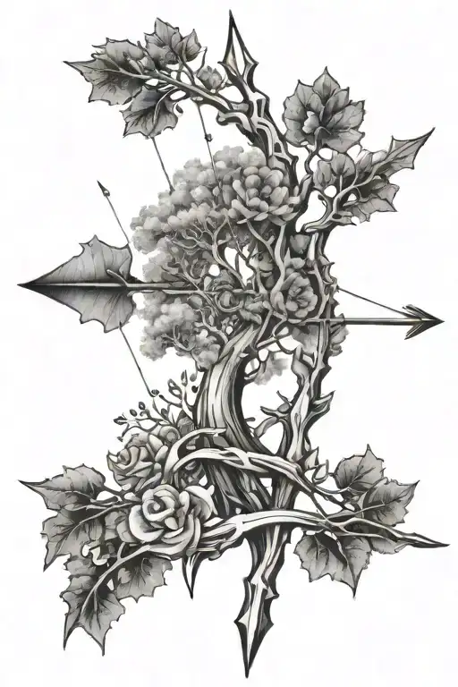 tree and bow arrow together tattoo design idea