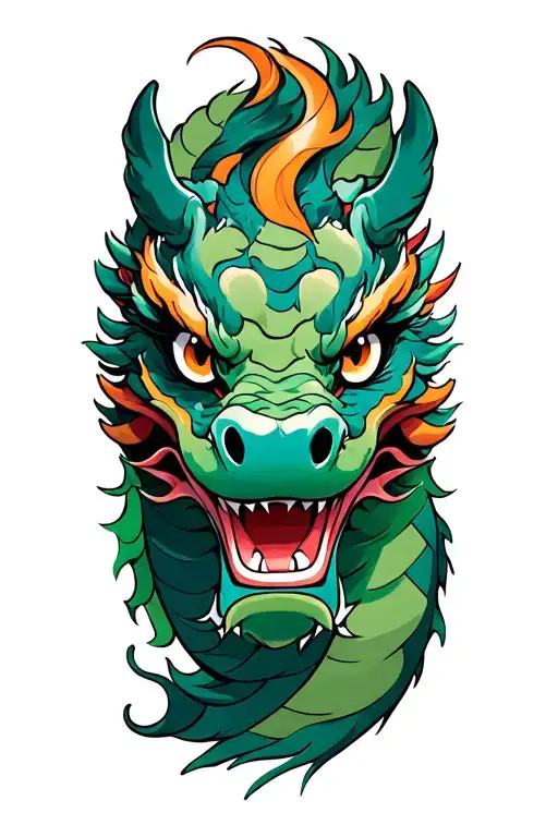 A vibrant oriental-style tattoo design of a traditional Asian dragon’s head, featuring fierce eyes, flowing whiskers, lo tattoo design idea