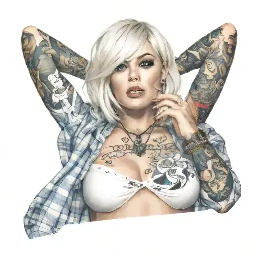 Sexy girl, Huge boobs, cleavage, petite, torn clothing, short white bob hairstyle, waist up view tattoo design idea