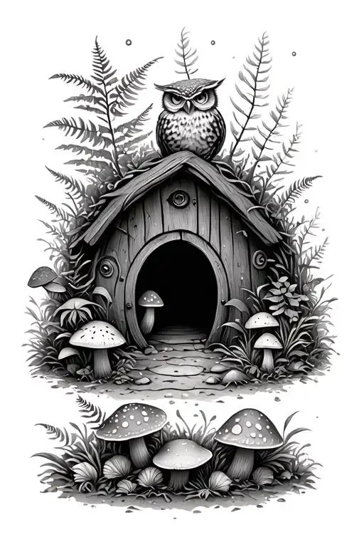 mystical garden with hobbit hole door and forest floor foliage, mushrooms, ferns, and animals, including an small owl tattoo design idea