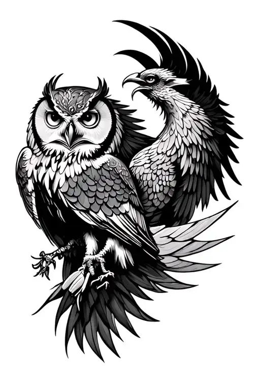 owl and phoenix with Athena rising from the phoenix  tattoo design idea