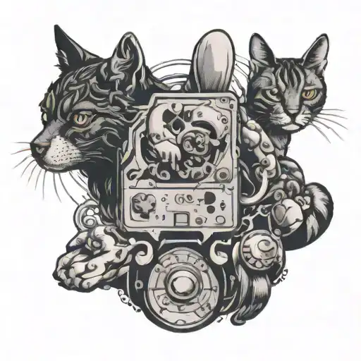 An intricate black and grey tattoo featuring a cat and dog playing together with mobile gaming icons incorporated into the background tattoo design idea