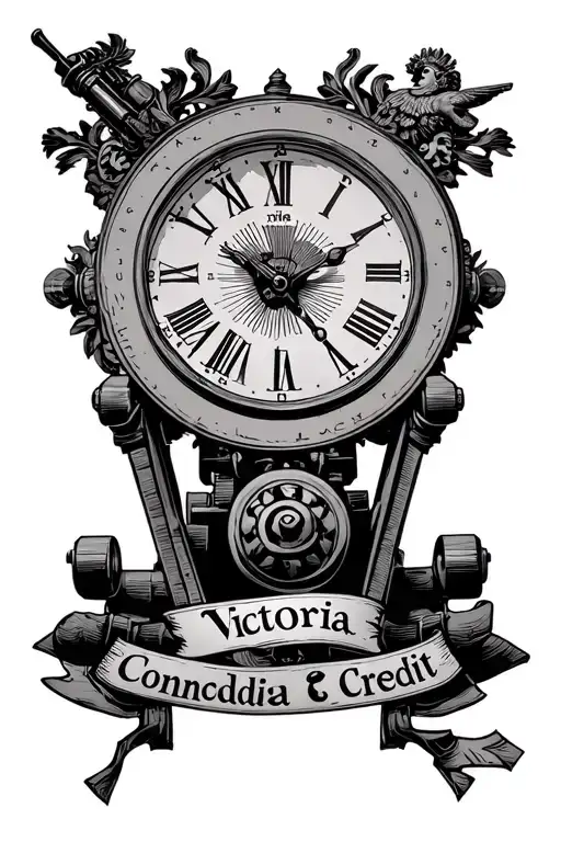 Arsenal clock end clock above a shooting cannon with a banner draped over it saying: Victoria Concordia Crecit tattoo design idea