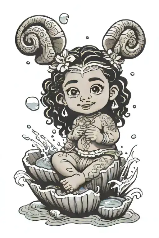 Baby Moana Disney surrounded by water holding a shell tattoo design idea