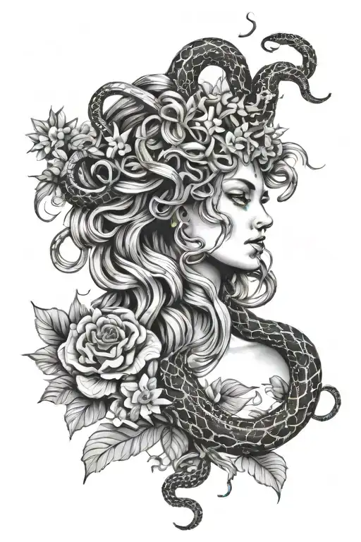 A beautiful Medusa facing forward, with snakes for hair, surrounded by wildflowers and honeysuckle in black and white tattoo design idea