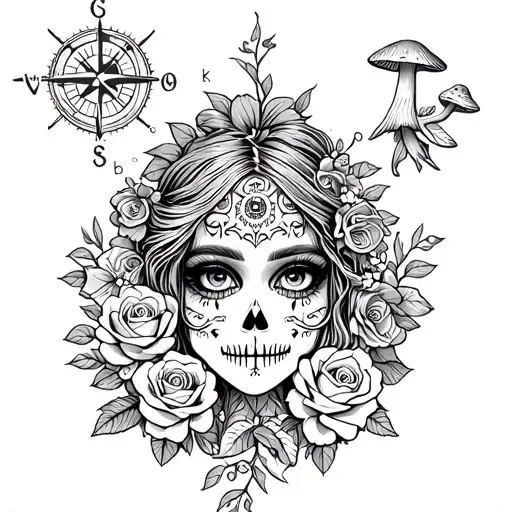 vines woven into the shape of a pretty girls face, surrounded by roses, mushrooms, and sundial and compass. la catrina tattoo design idea