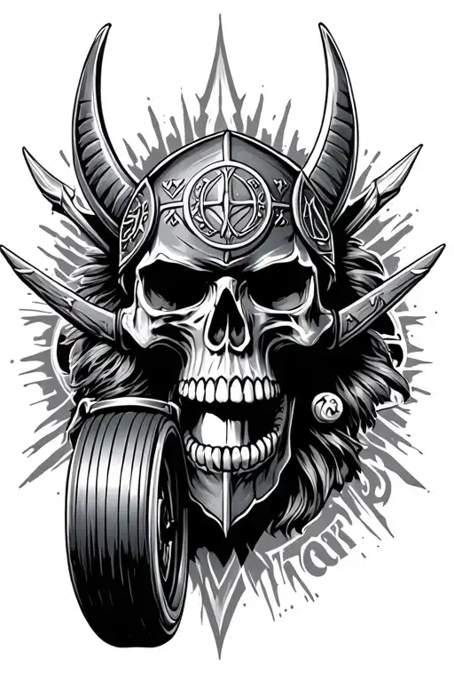 viking warrior skull with runes and motorcycle tattoo design idea