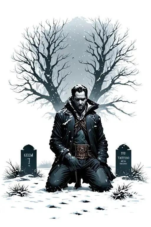A serious-looking man, dressed in dark clothing, kneeling in the snow in front of two gravestones in a snow-covered ceme tattoo design idea