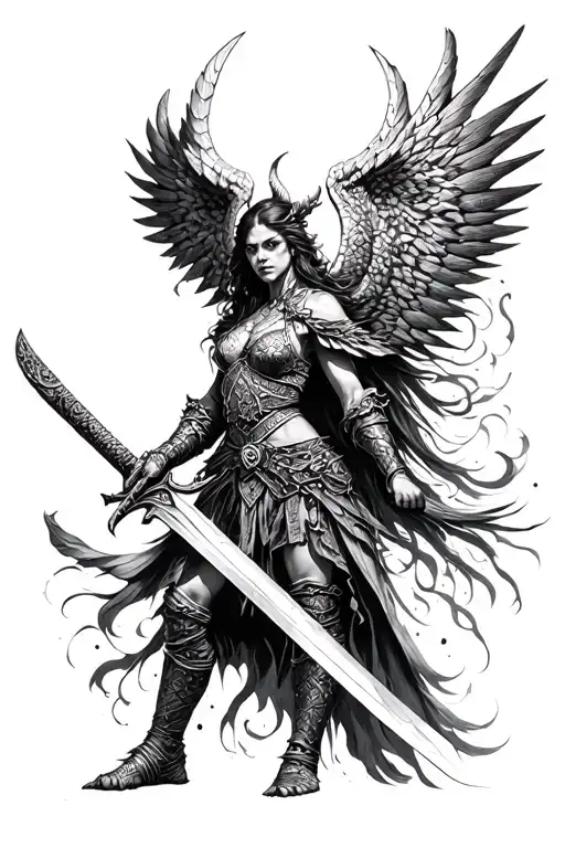 Demonic Valkyrie warrior wielding a sword tattoo design idea