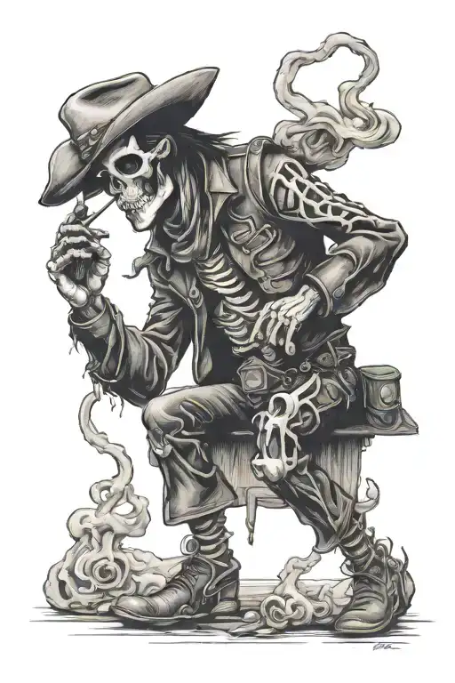 skeleton cowboy smoking a cigarette with zach bryan lyrics intertwined tattoo design idea