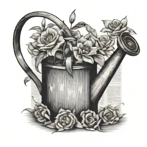 watering can, newspaper, flowers.  "just pondering" tattoo design idea