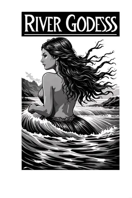 "River Goddess" woman in or on the water of a rapid river tattoo design idea