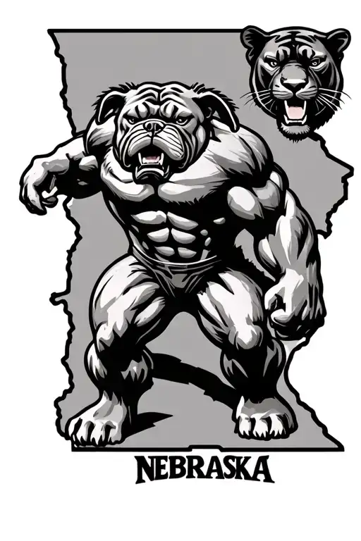 Incredible Hulk with a bulldog and a panther the state of Nebraska outline and mainline duh mural tattoo design idea