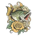 bass fish behind day Lillie's and roses intertwined tattoo design idea