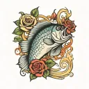 bass fish behind day Lillie's and roses intertwined tattoo design idea