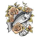 bass fish behind day Lillie's and roses intertwined tattoo design idea