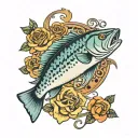 bass fish behind day Lillie's and roses intertwined tattoo design idea