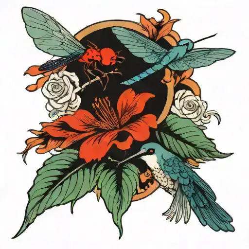 A dragonfly and cardinal and hummingbird perched tattoo design idea