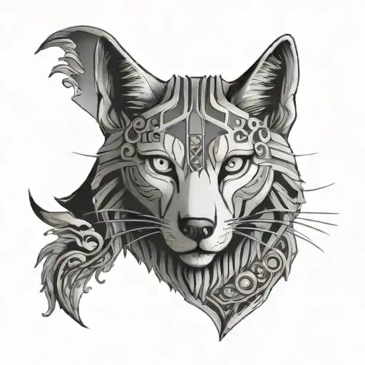 Egyptian gods, hieroglyphs, cats, wolves, nature 3D tattoo design idea
