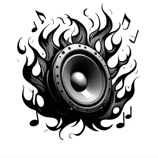 subwoofer producing flames and musical notes intertwined  tattoo design idea