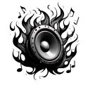 subwoofer producing flames and musical notes intertwined  tattoo design idea