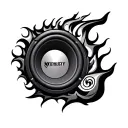 subwoofer producing flames and musical notes intertwined  tattoo design idea